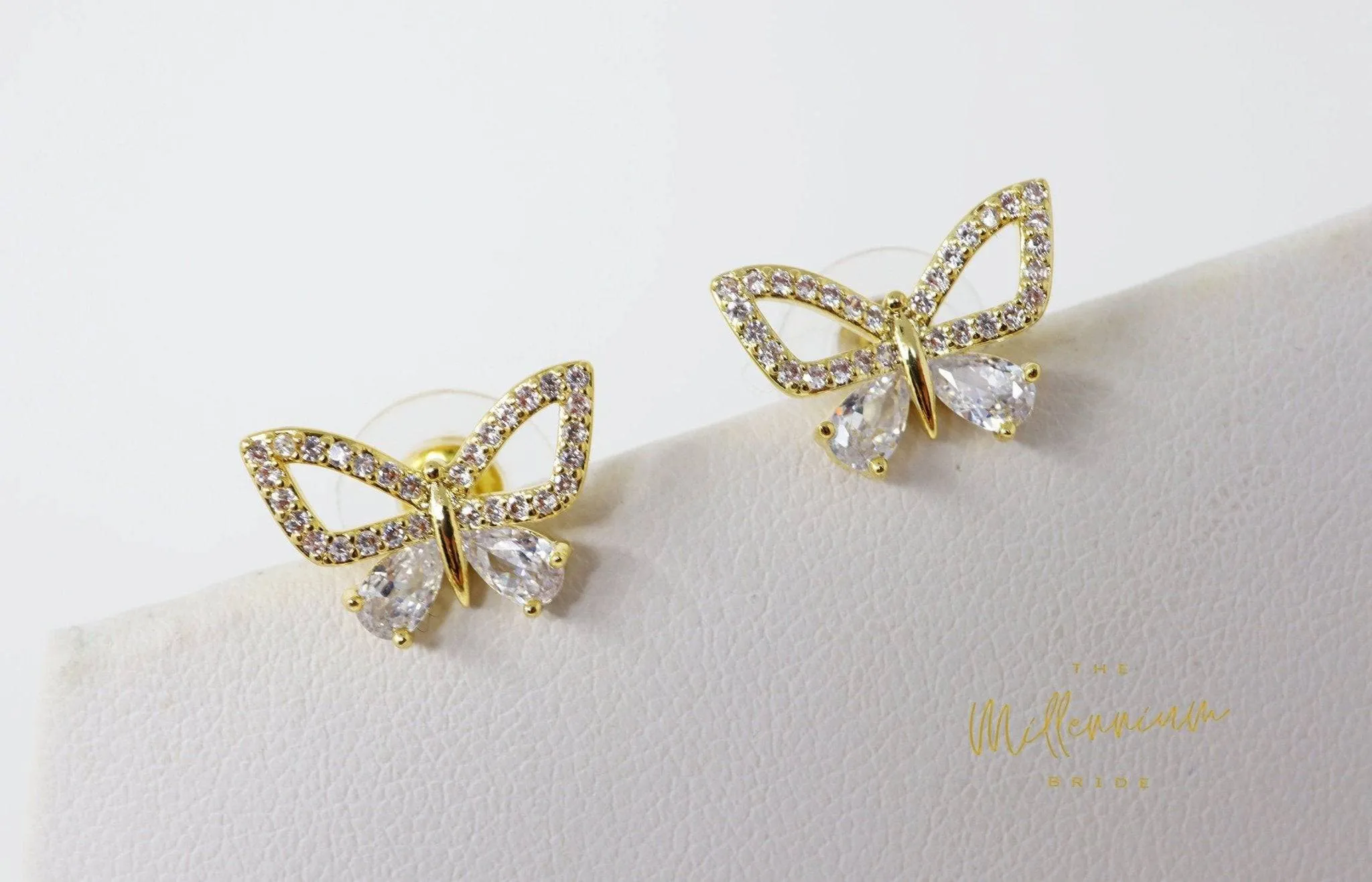 14k Gold plated CZ Butterfly Stud Earrings, Dainty Stud, Statement Earrings.