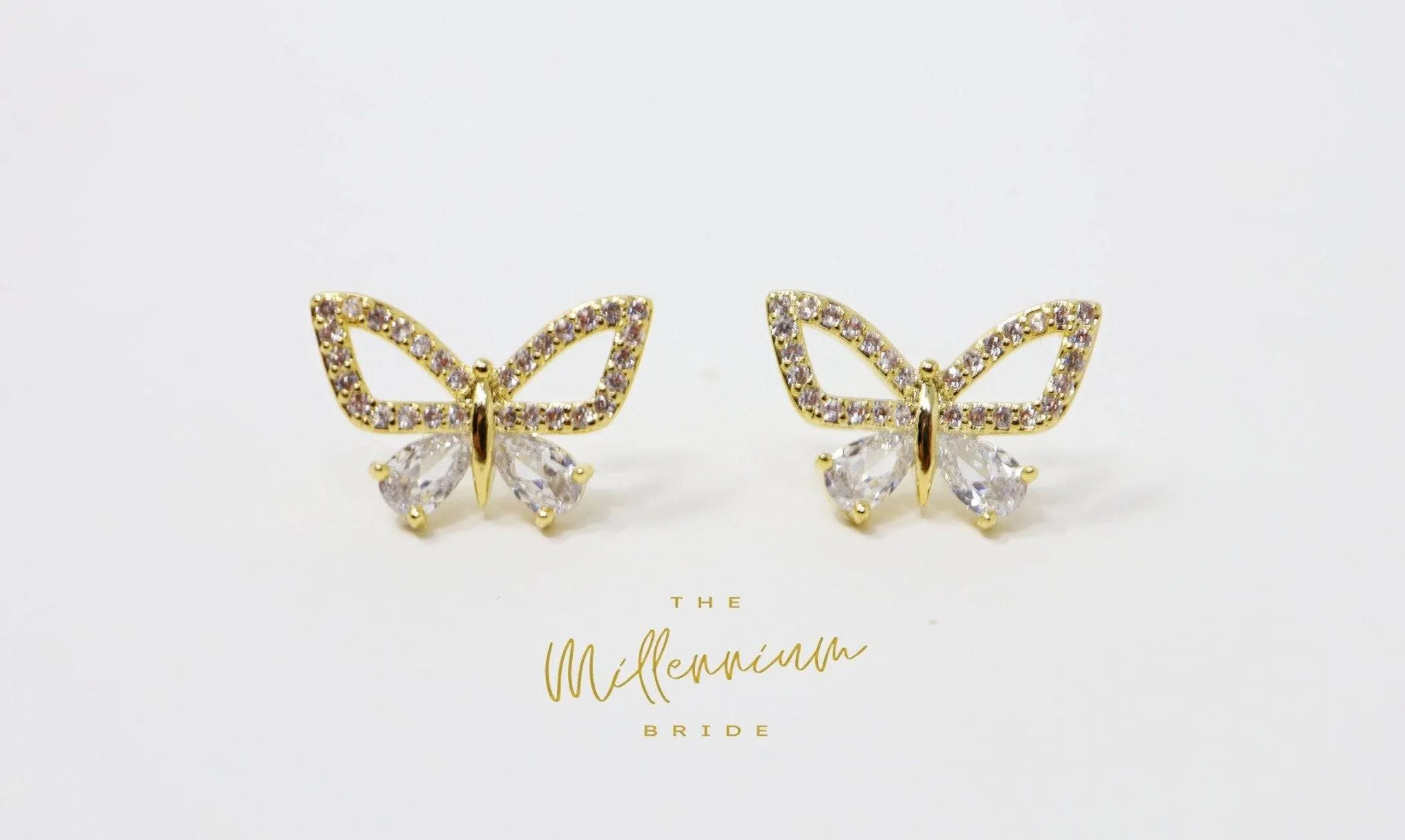 14k Gold plated CZ Butterfly Stud Earrings, Dainty Stud, Statement Earrings.