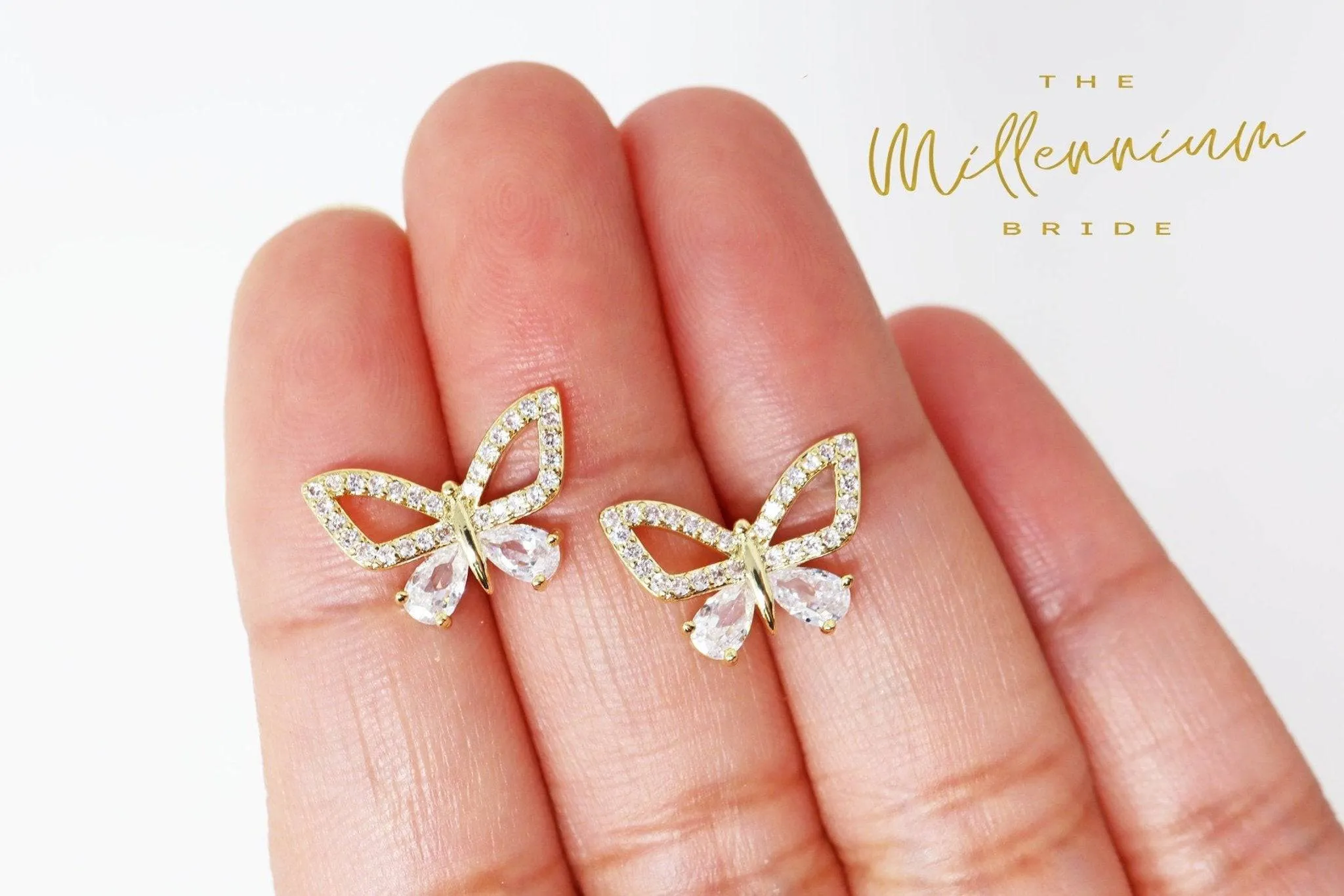 14k Gold plated CZ Butterfly Stud Earrings, Dainty Stud, Statement Earrings.