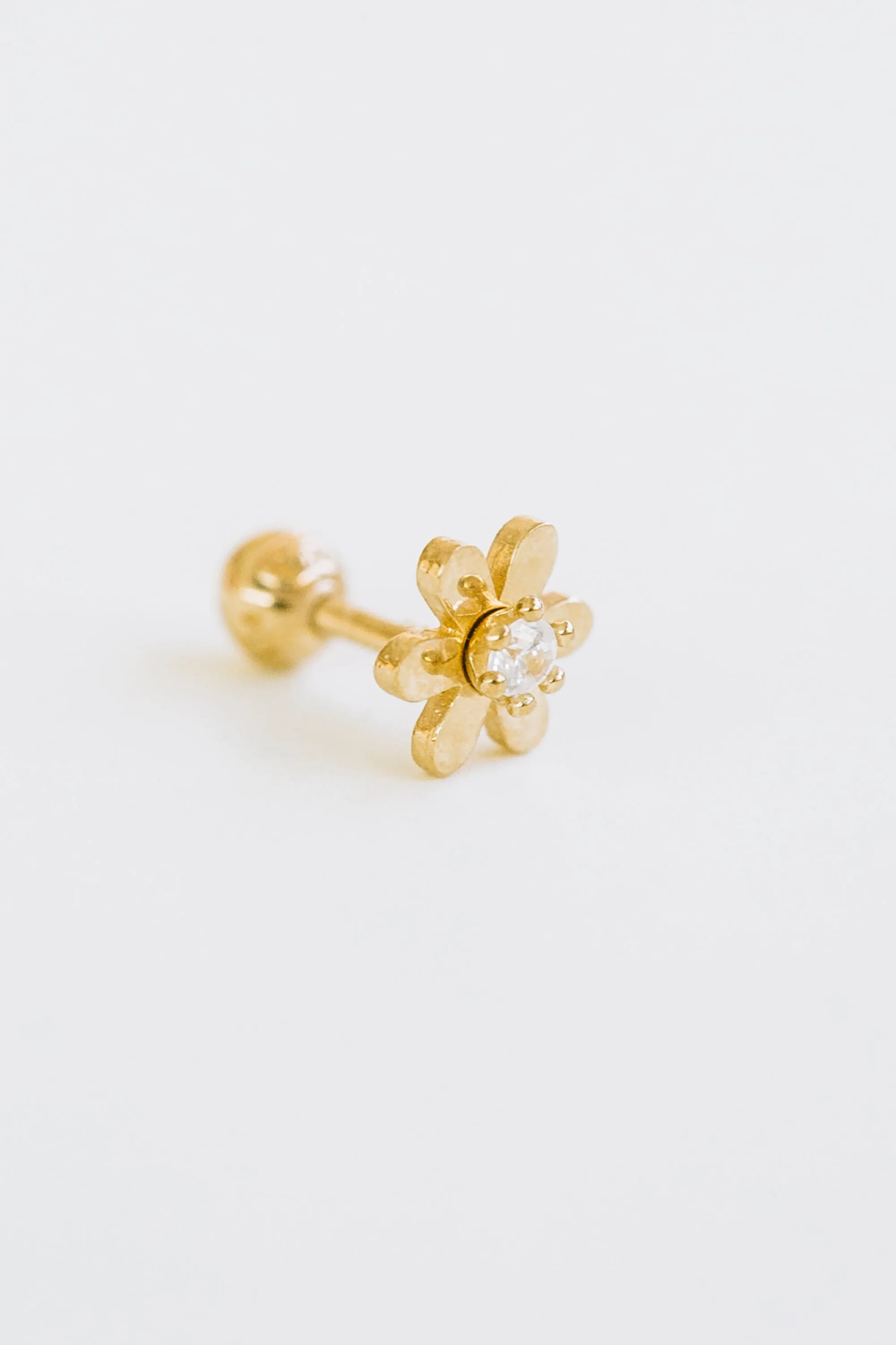 14k Gold Round Petal Cubic Flower Pendant Barbell Ear Stud Piercing