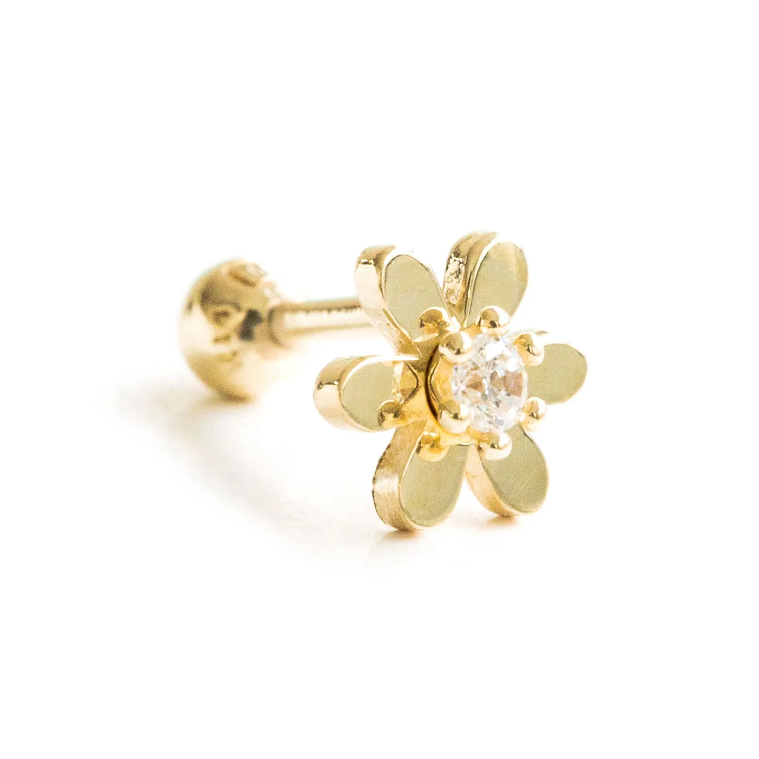 14k Gold Round Petal Cubic Flower Pendant Barbell Ear Stud Piercing