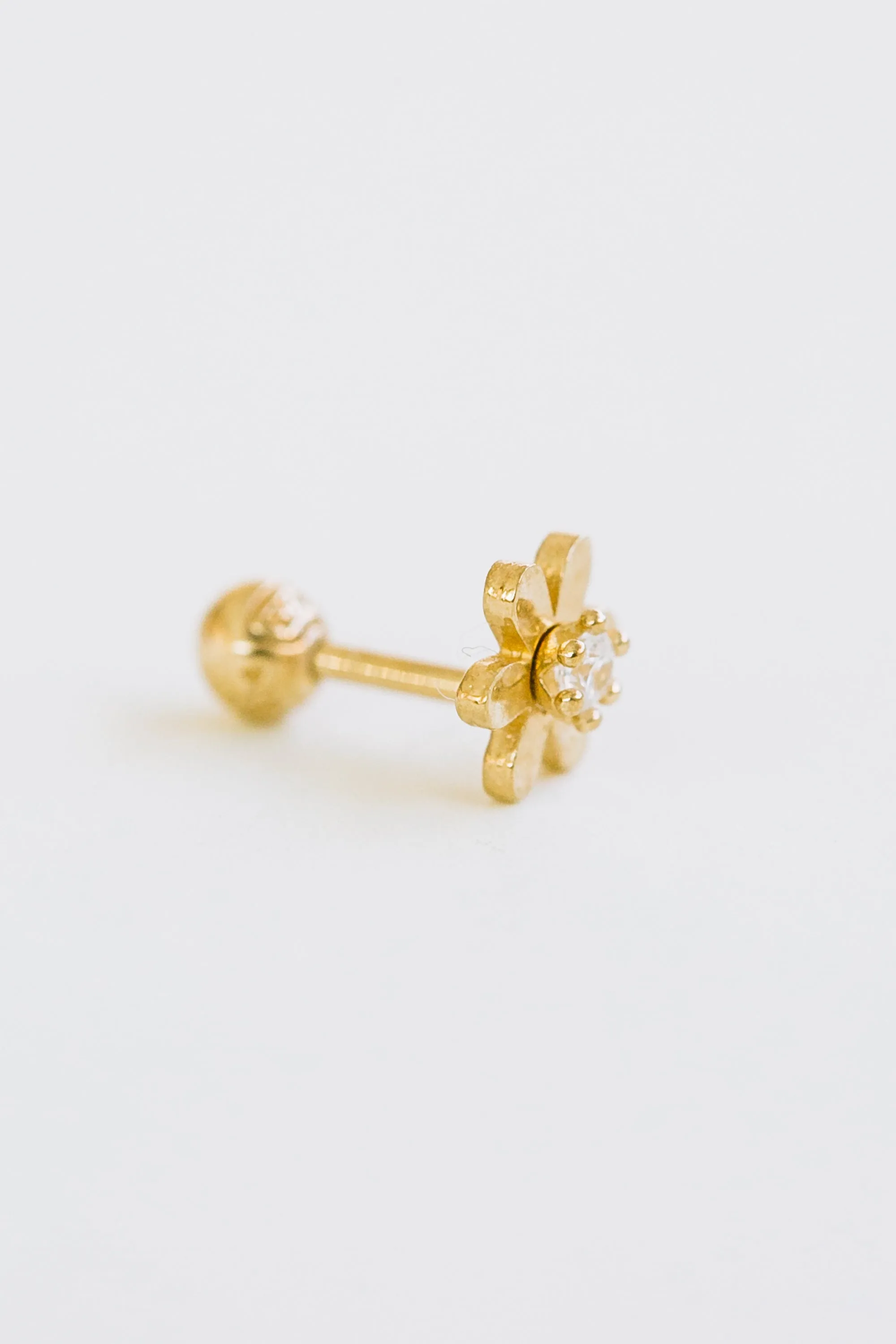 14k Gold Round Petal Cubic Flower Pendant Barbell Ear Stud Piercing