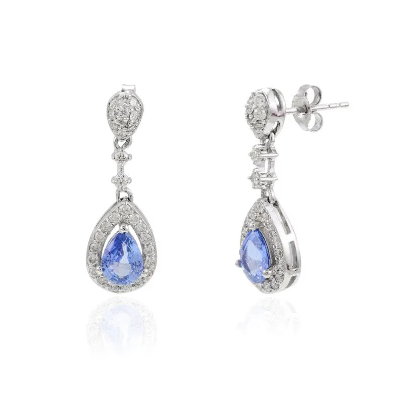 14K White Gold Sapphire Diamond Drop Earrings