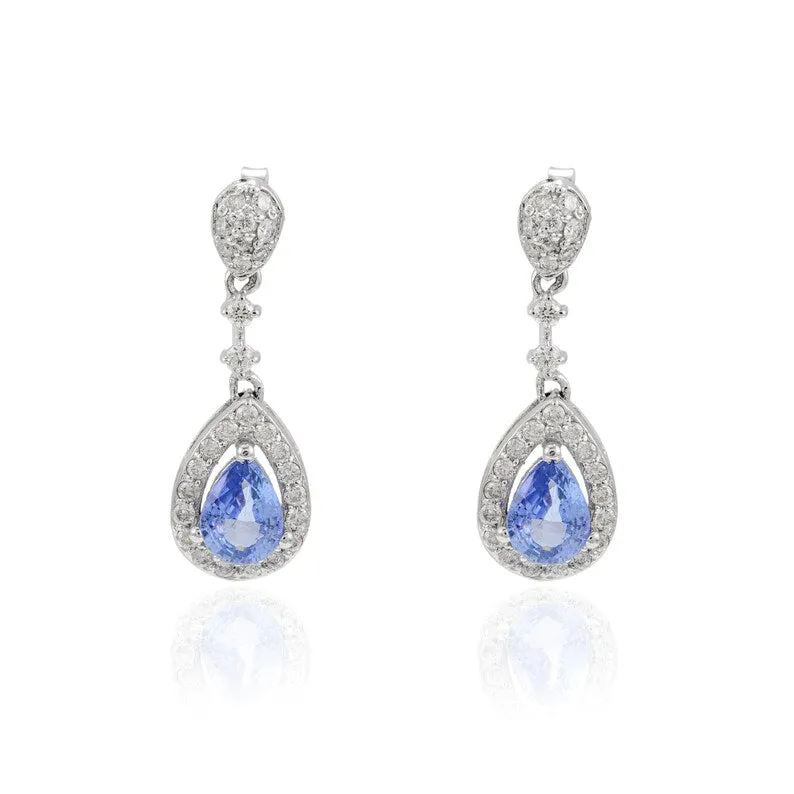 14K White Gold Sapphire Diamond Drop Earrings