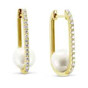 14K Yellow Gold Oval Diamond Hoop with Pearl Earrings