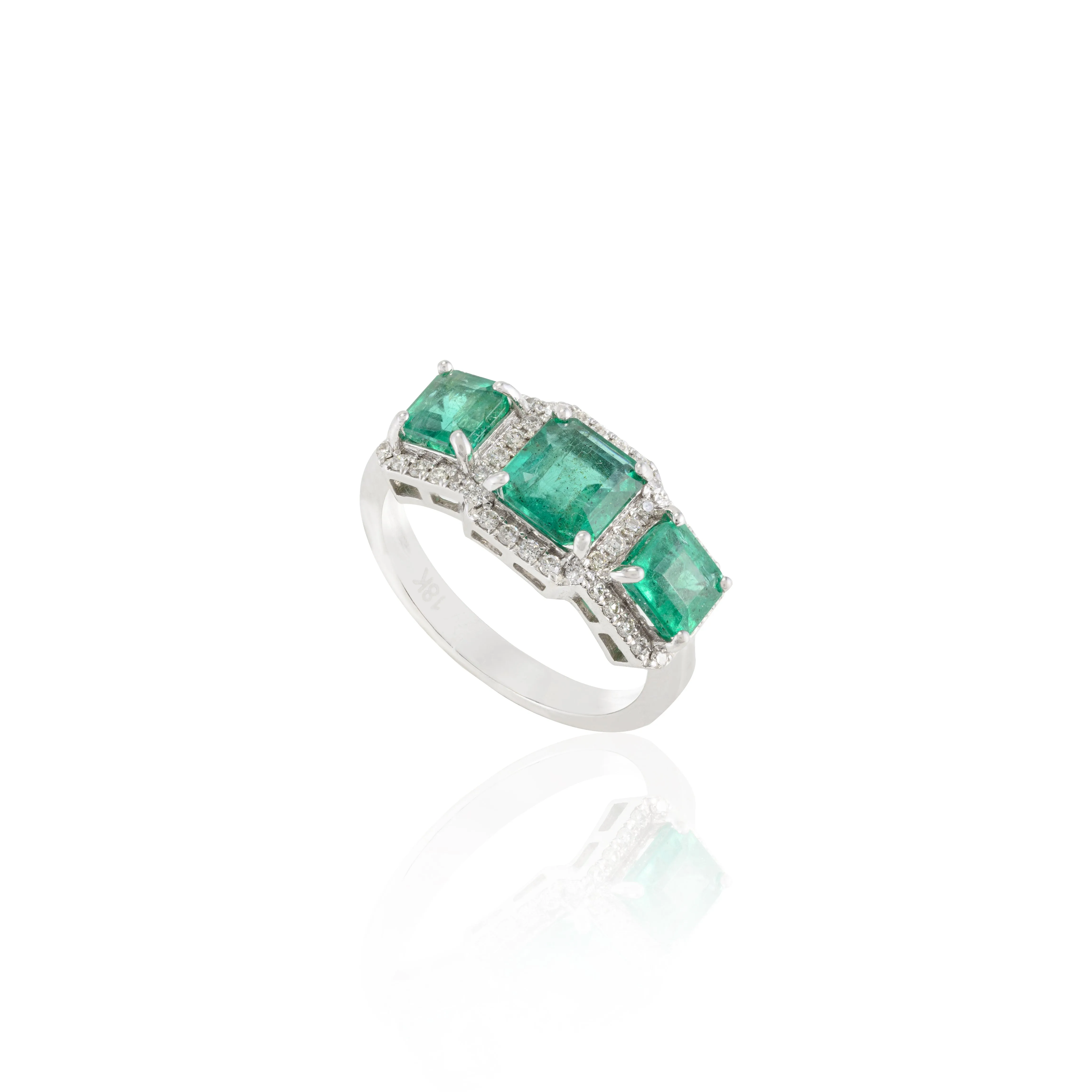 18K Gold Emerald Diamond Three Stone Ring