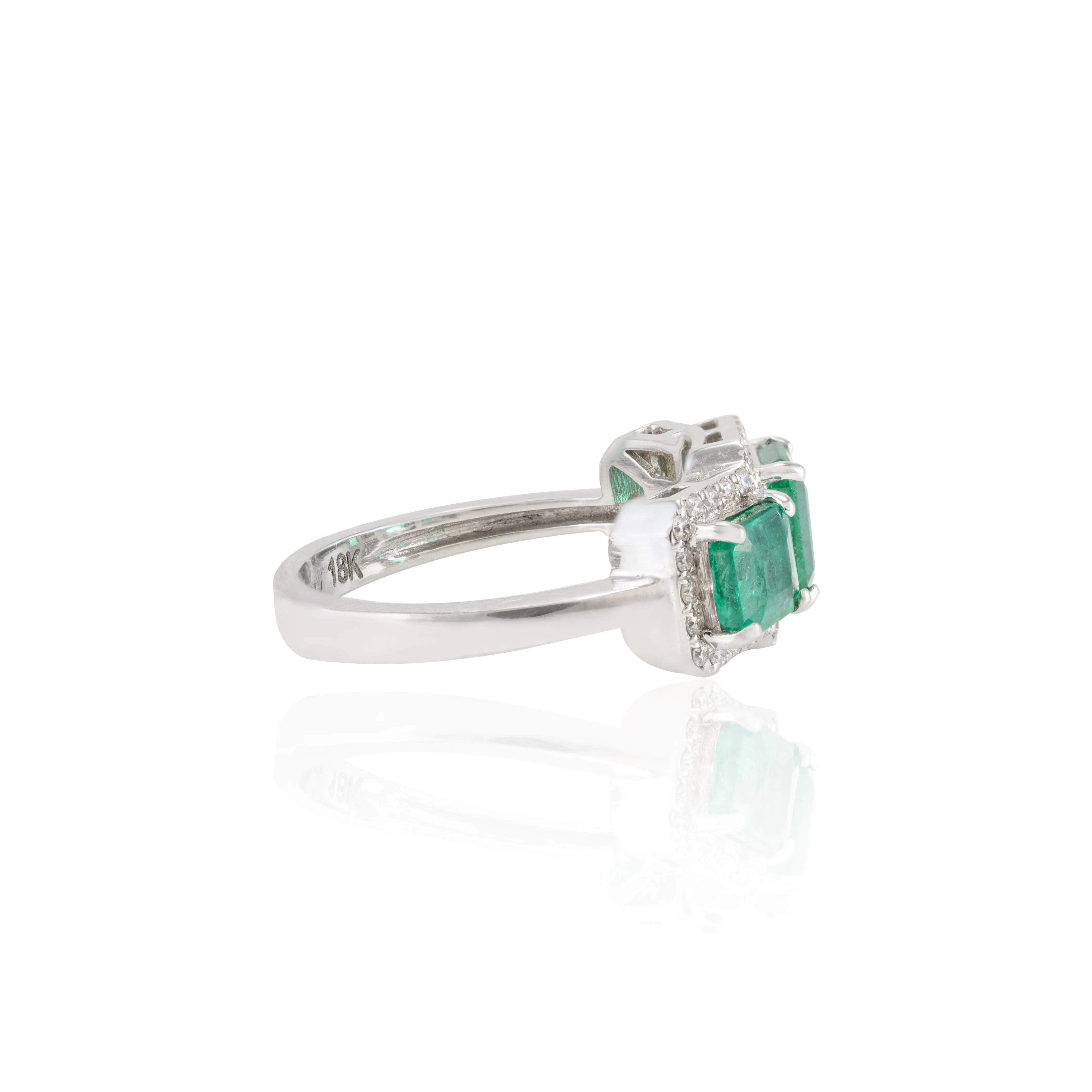 18K Gold Emerald Diamond Three Stone Ring