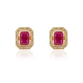 18K Gold Octagon Ruby Halo Diamond Studs