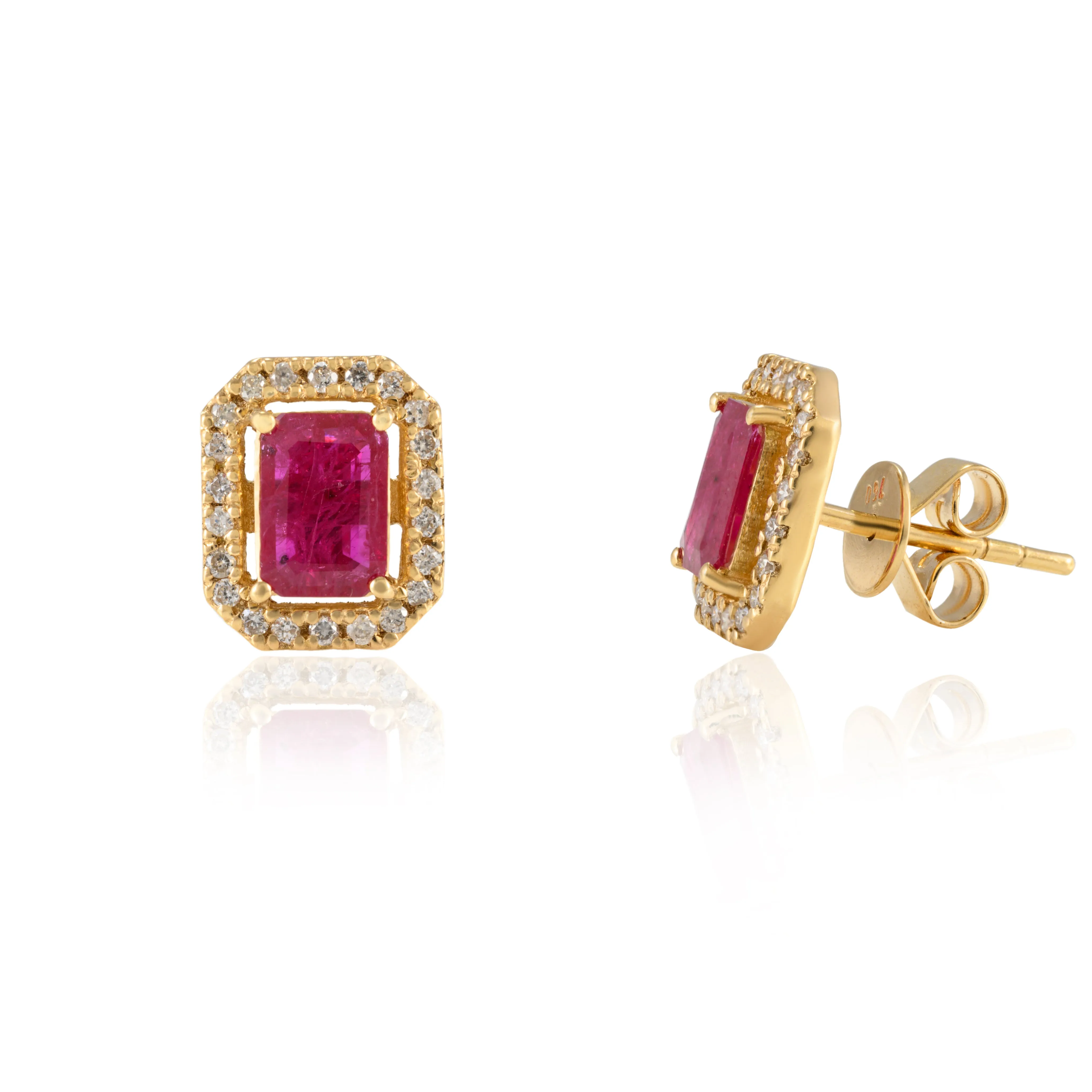 18K Gold Octagon Ruby Halo Diamond Studs