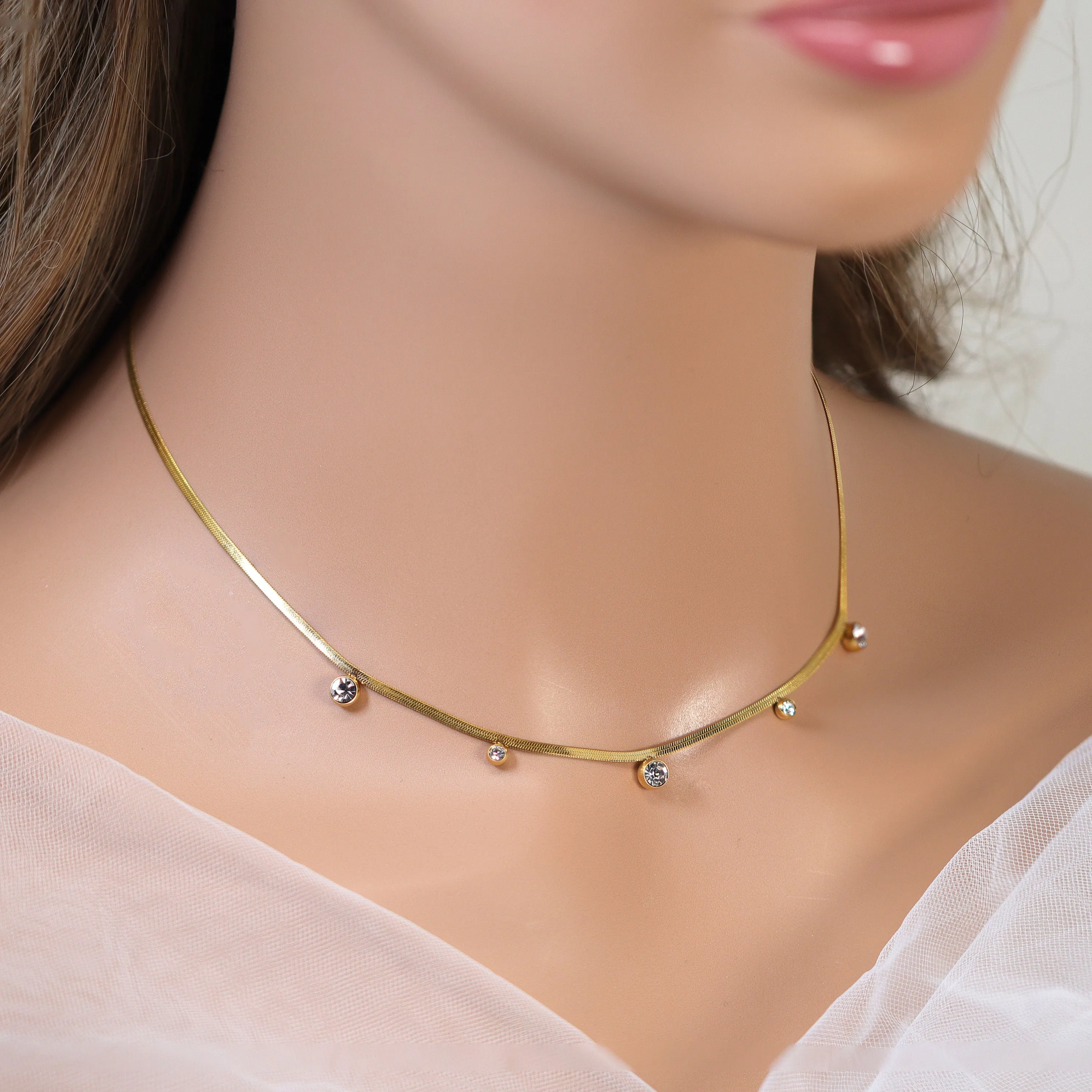 18k Gold Plated Swarovski Crystal Dainty Snake Chain Choker Necklace  Snake Chain Necklace  Minimalist  14k Dainty Gold Necklace