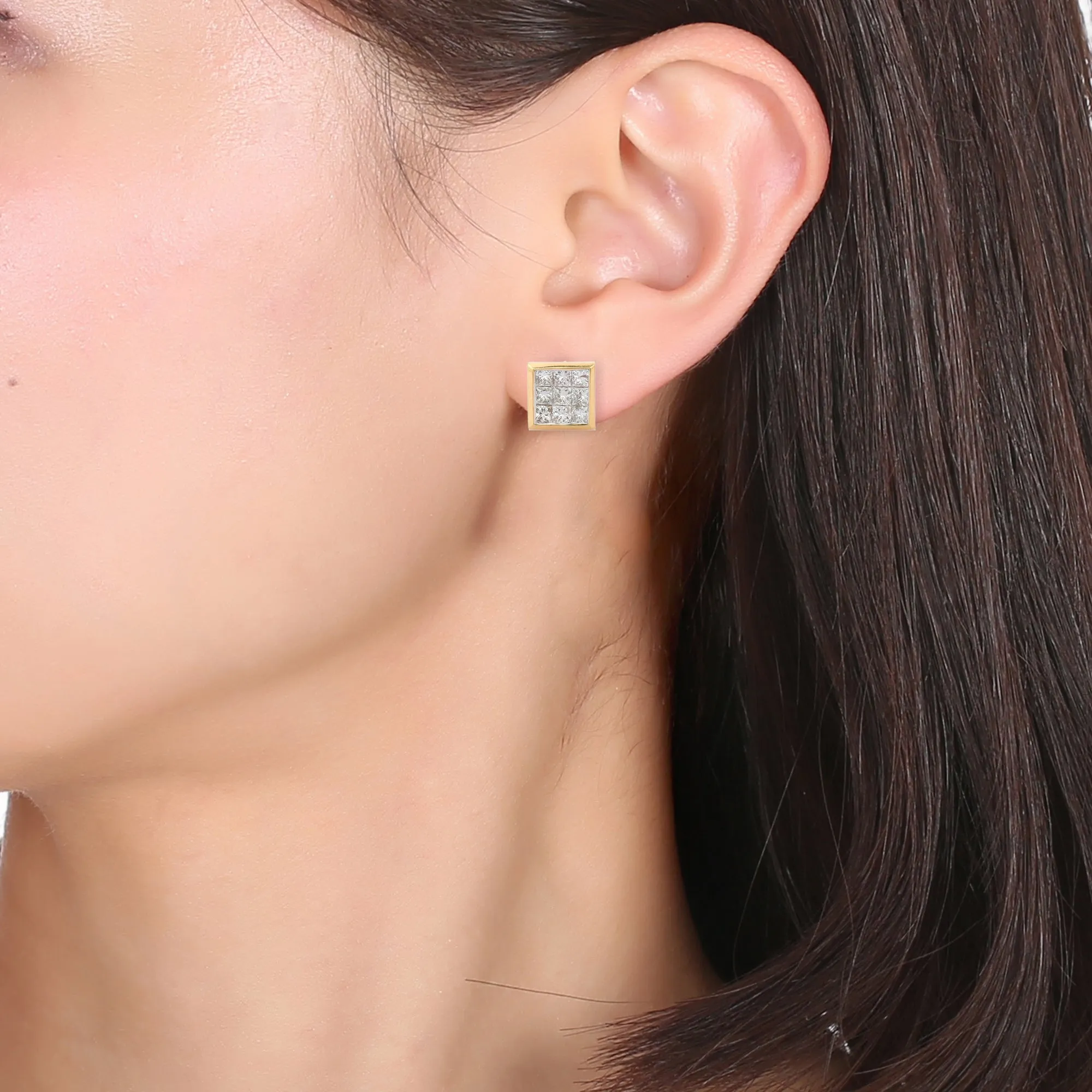 18K Solid Gold Square Diamond Studs