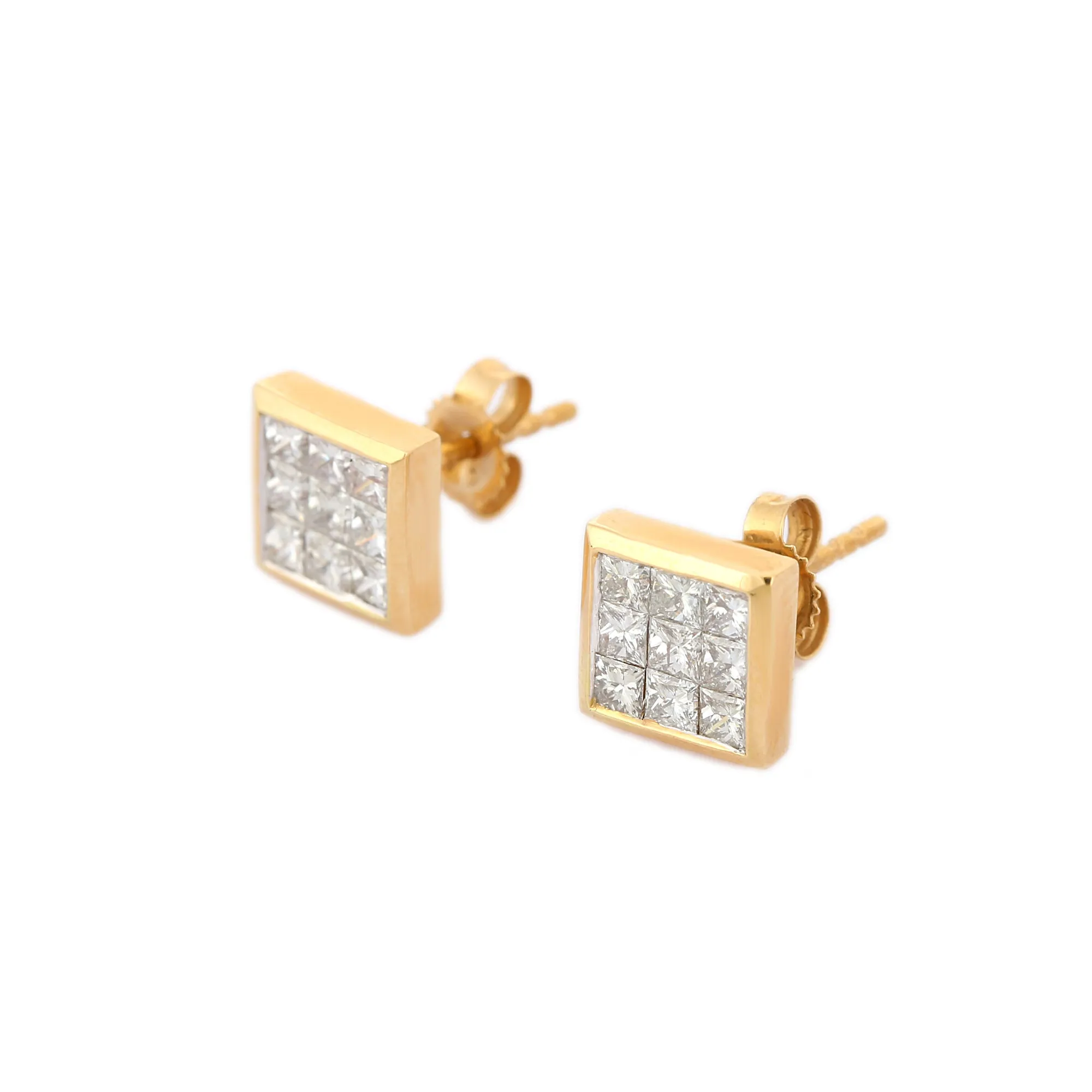 18K Solid Gold Square Diamond Studs