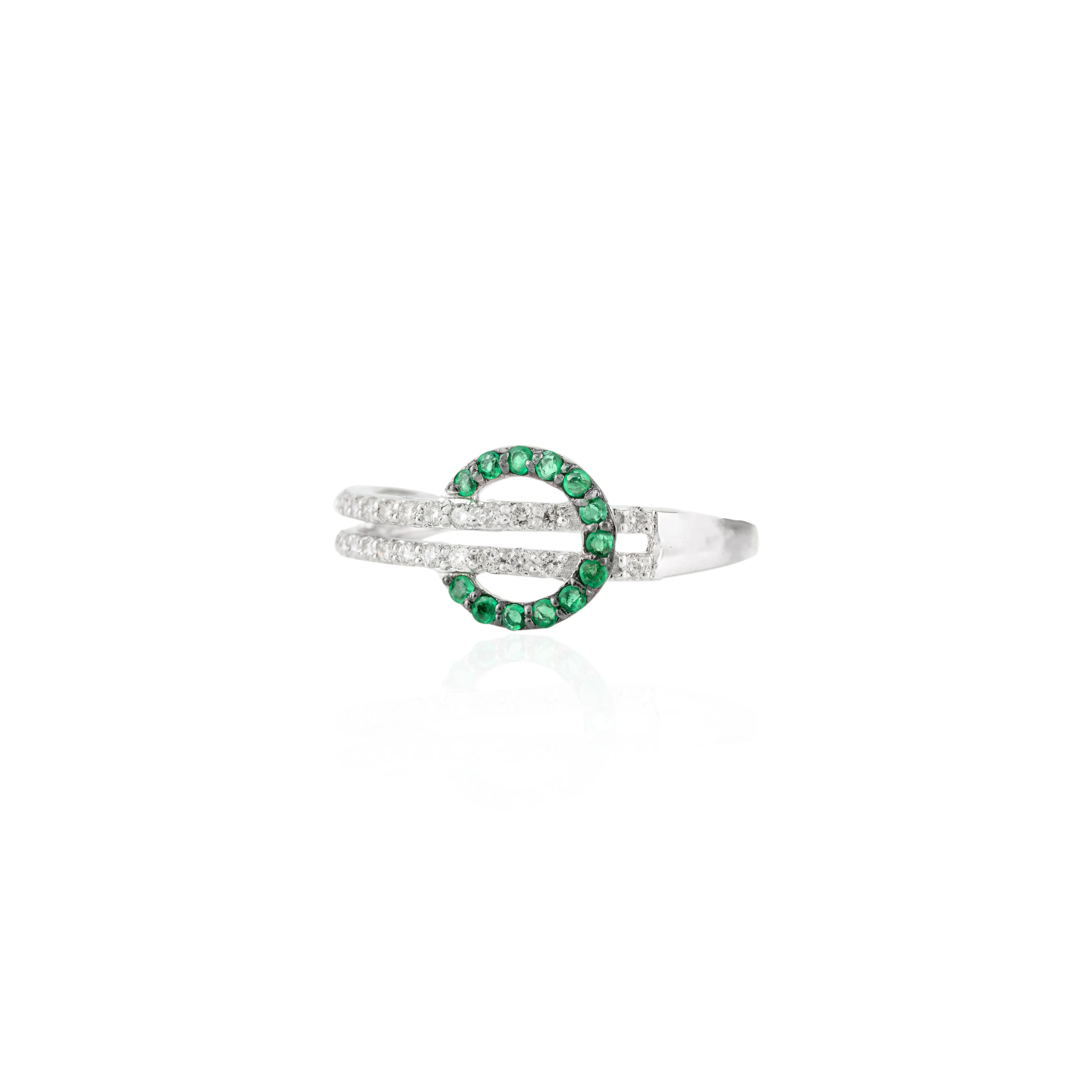 18K Solid White Gold Belt Buckle Ring In Emerald & Diamond