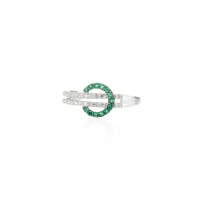 18K Solid White Gold Belt Buckle Ring In Emerald & Diamond