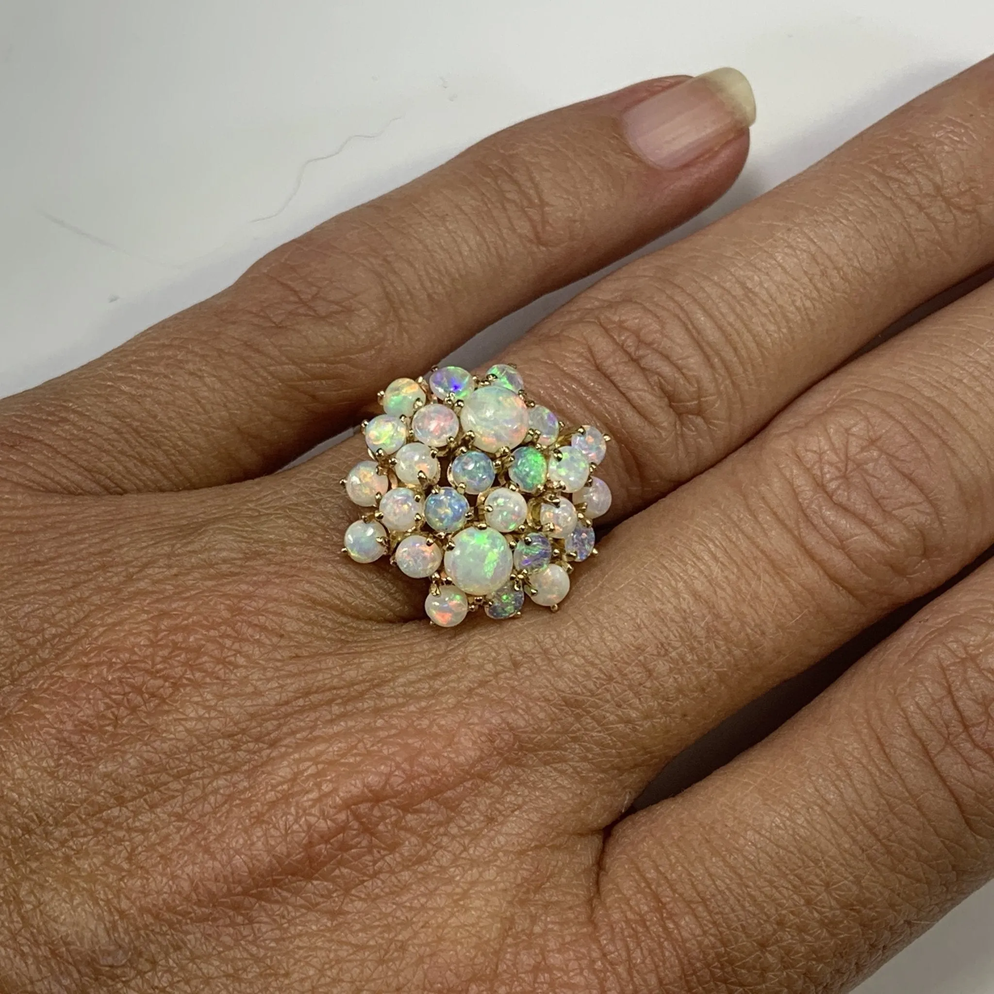 1970s Opal Cluster Ring in 14k Yellow Gold. October Birthstone. 14th Anniversary Gift.