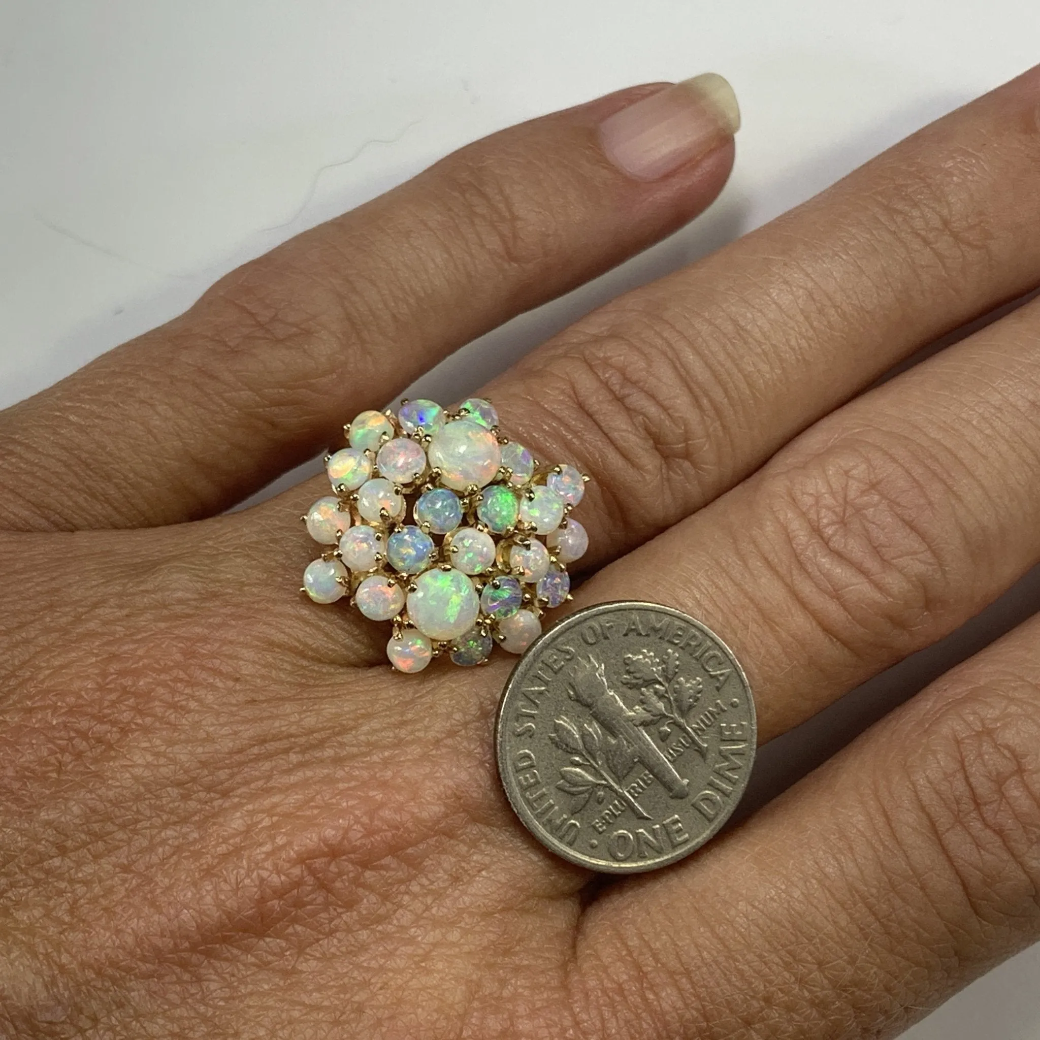 1970s Opal Cluster Ring in 14k Yellow Gold. October Birthstone. 14th Anniversary Gift.