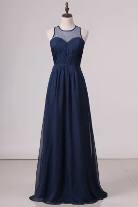 2024 Prom Dresses Scoop Chiffon With Ruffles A Line Dark Navy Floor P369P36P