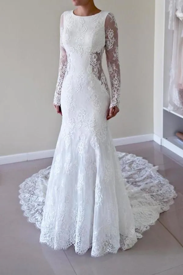 2024 Sexy Open Back Long Sleeves Scoop Wedding Dresses Mermaid P41FFAAL