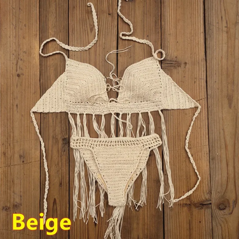 3-teiliges Häkel-Bikini-Set „Bohemian Breeze“ mit Quastenrock