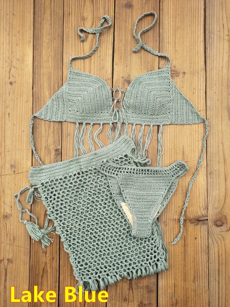 3-teiliges Häkel-Bikini-Set „Bohemian Breeze“ mit Quastenrock