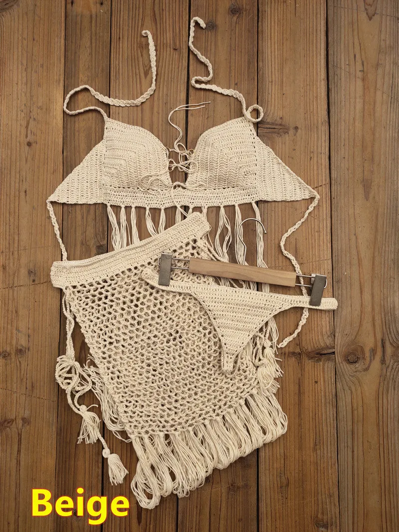 3-teiliges Häkel-Bikini-Set „Bohemian Breeze“ mit Quastenrock