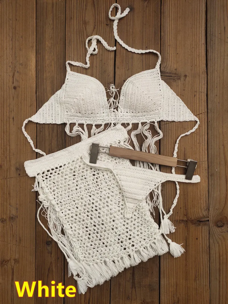 3-teiliges Häkel-Bikini-Set „Bohemian Breeze“ mit Quastenrock