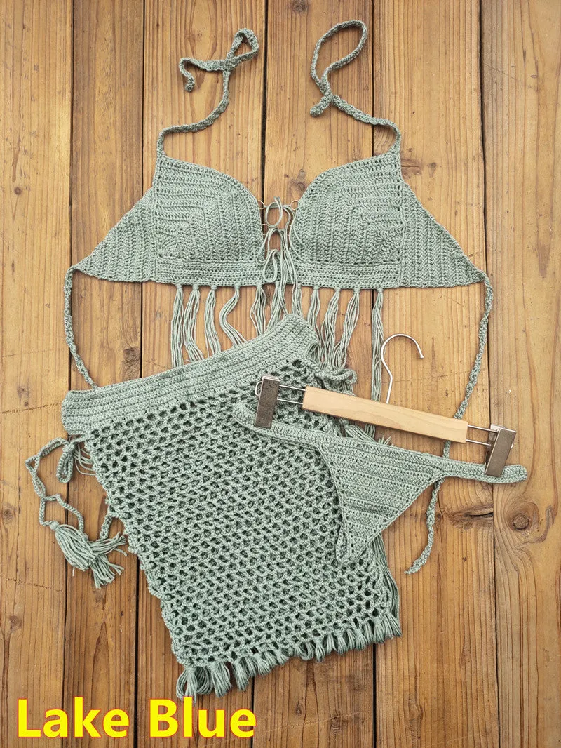 3-teiliges Häkel-Bikini-Set „Bohemian Breeze“ mit Quastenrock