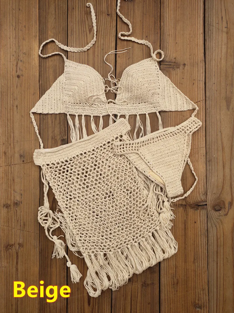 3-teiliges Häkel-Bikini-Set „Bohemian Breeze“ mit Quastenrock