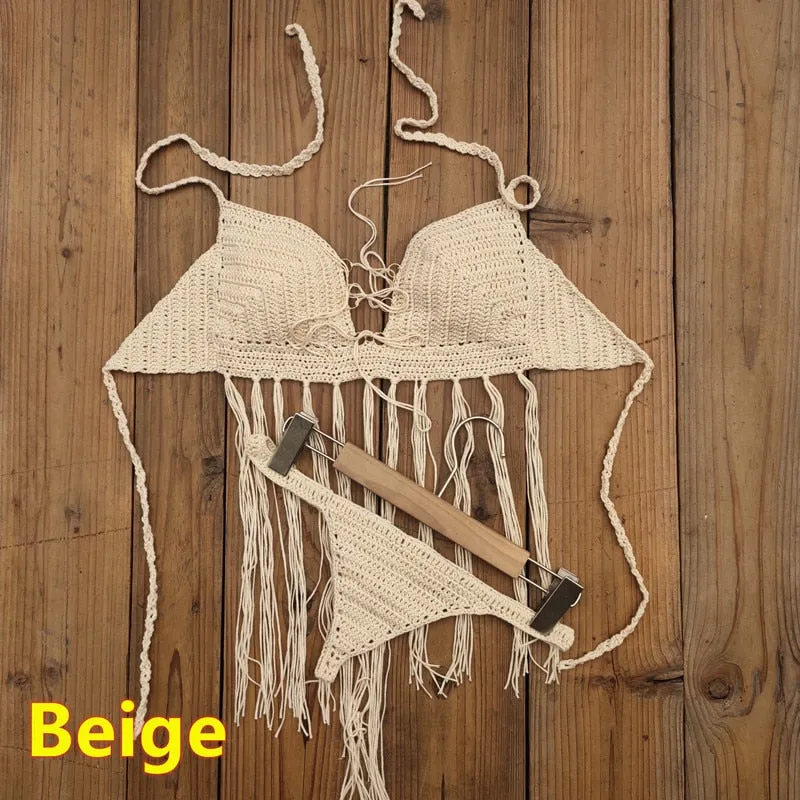 3-teiliges Häkel-Bikini-Set „Bohemian Breeze“ mit Quastenrock