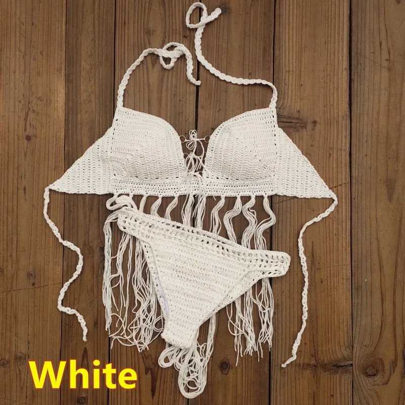 3-teiliges Häkel-Bikini-Set „Bohemian Breeze“ mit Quastenrock