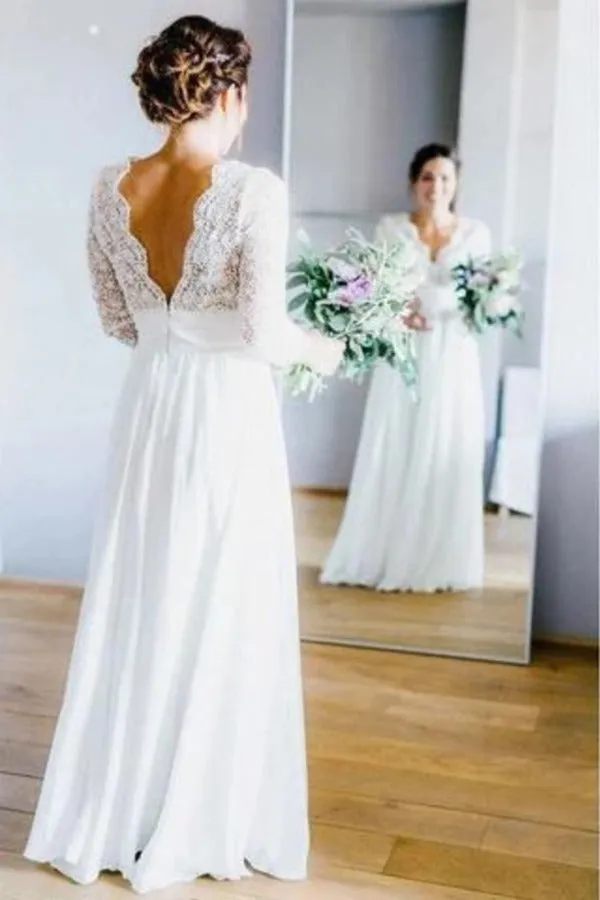 3/4 Sleeves Chiffon Beach Wedding Dress With Lace V Neck Backless PGHZ3KKD