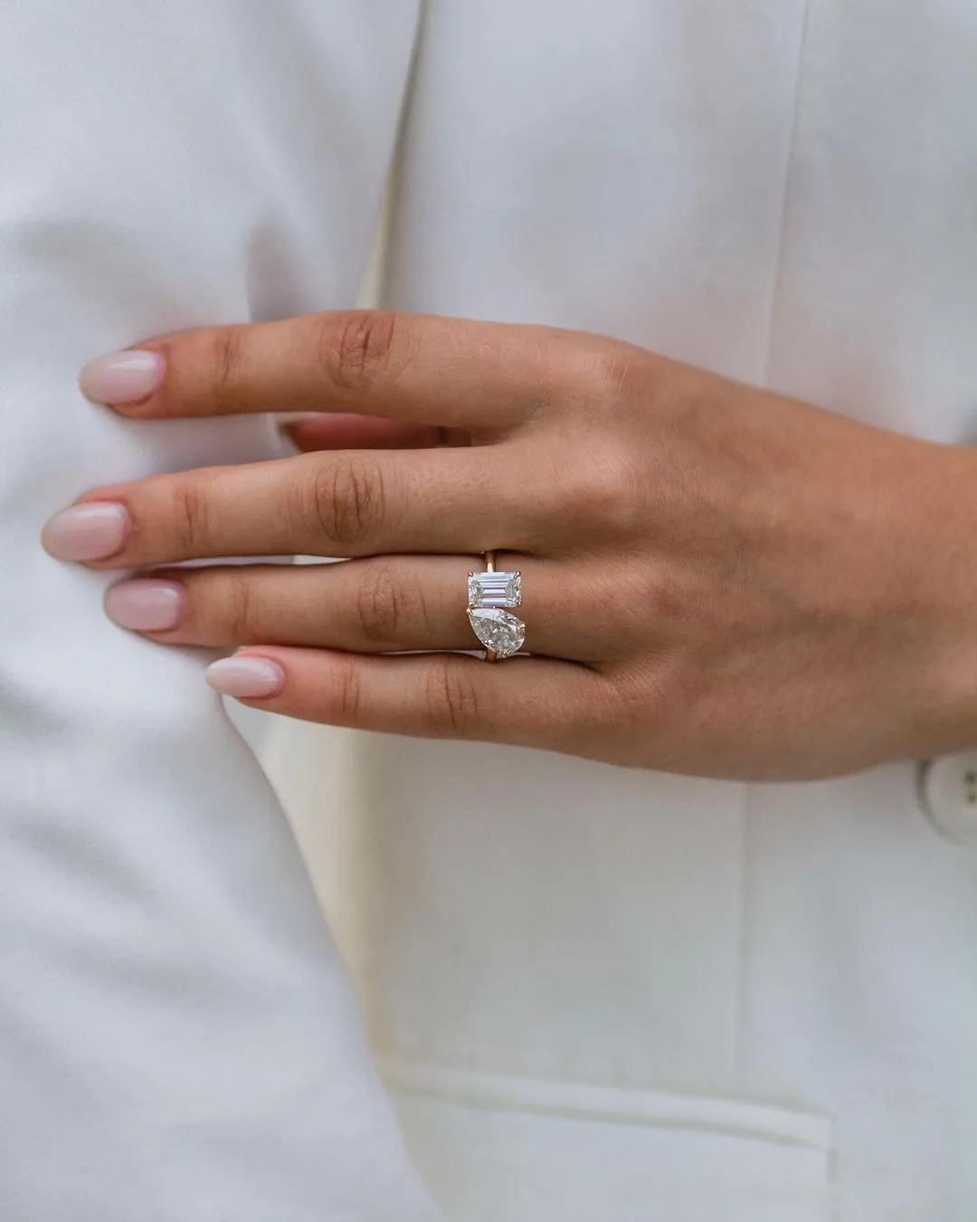 4.25 Carat Double Stone Engagement Ring Pear Cut and Emerald Cut Moissanite Two Stone Wedding Ring