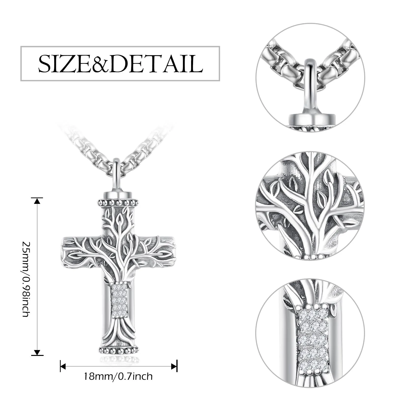 925 Sterling Silver Tree of Life Cremation Jewelry  Urn Necklace for Ashes for Men with 2.5mm 22 2 Rolo Chain