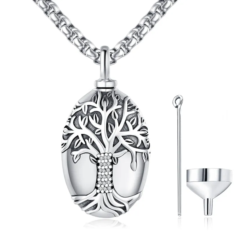 925 Sterling Silver Tree of Life Cremation Jewelry  Urn Necklace for Ashes for Men with 2.5mm 22 2 Rolo Chain