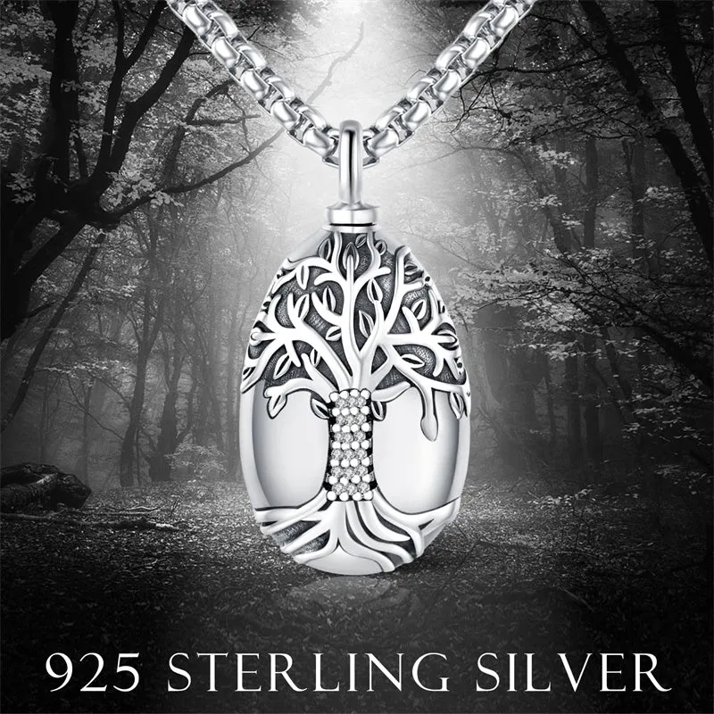 925 Sterling Silver Tree of Life Cremation Jewelry  Urn Necklace for Ashes for Men with 2.5mm 22 2 Rolo Chain