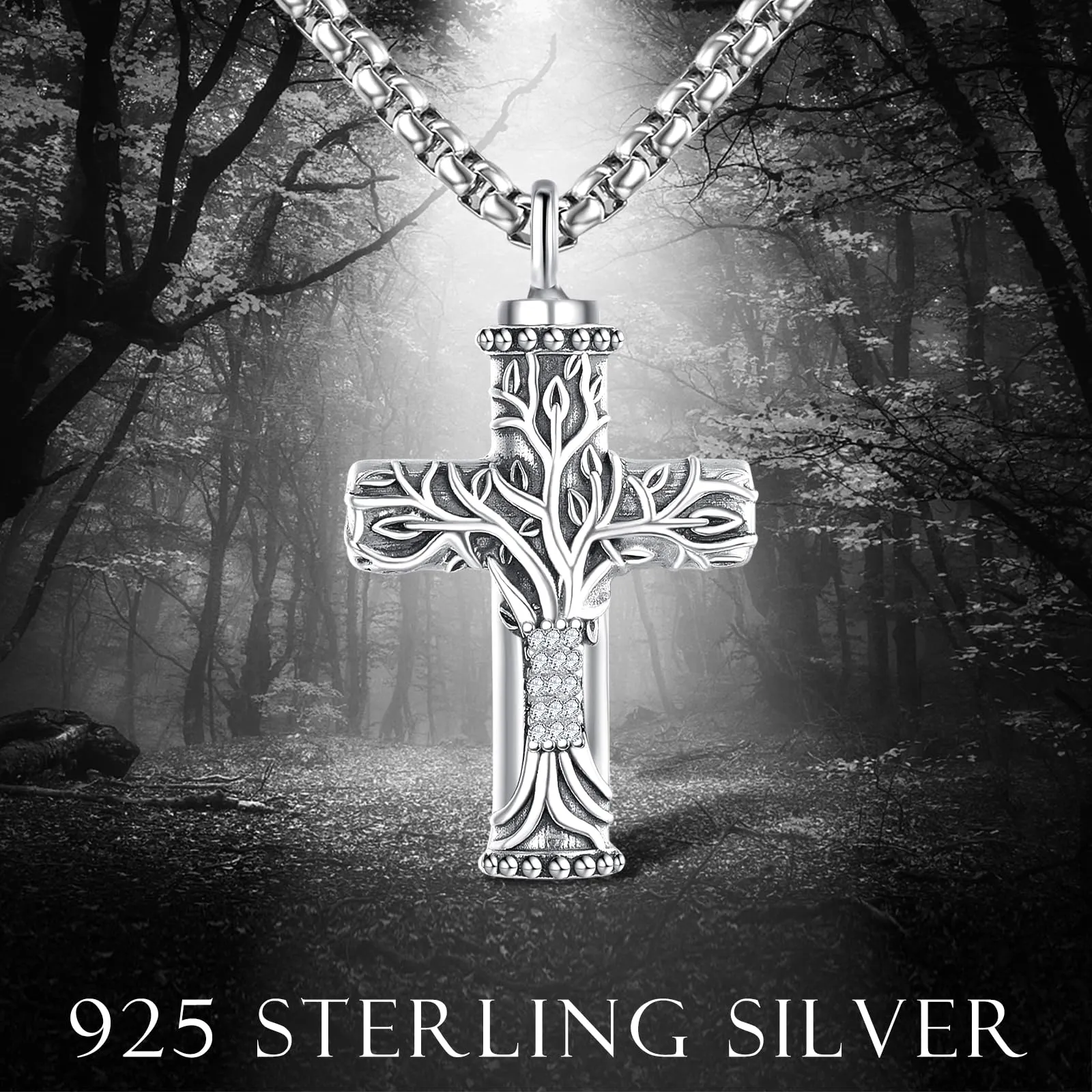 925 Sterling Silver Tree of Life Cremation Jewelry  Urn Necklace for Ashes for Men with 2.5mm 22 2 Rolo Chain