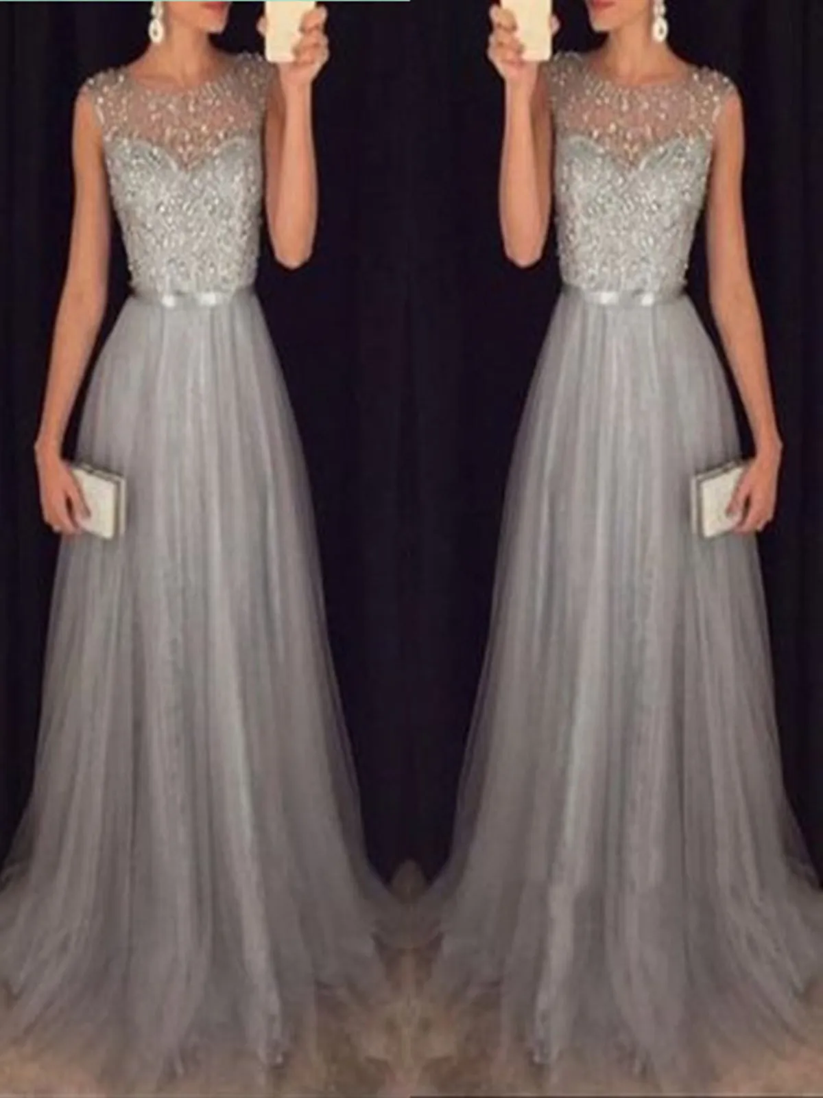 A Line Round Neck Sleeveless Grey Prom Dresses With Sweep Train, Grey Formal Dresses