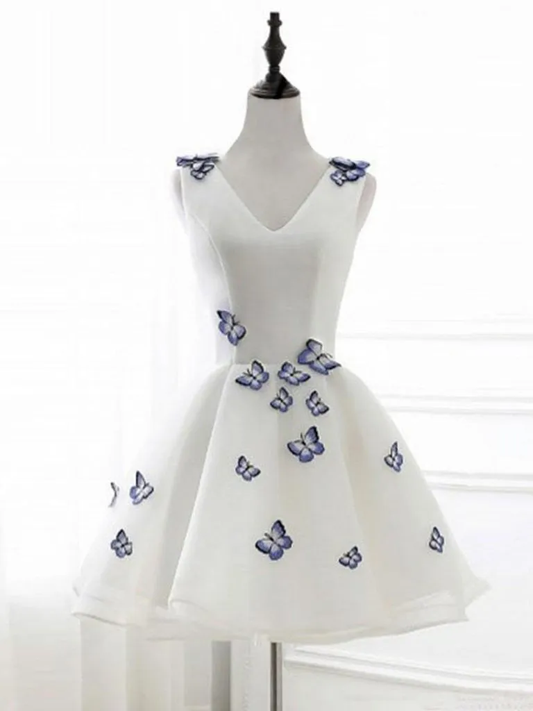 A Line Short White Prom Dresses With Butterfly Appliques, Butterfly Homecoming Dresses