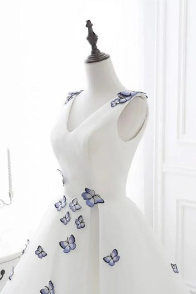 A Line Short White Prom Dresses With Butterfly Appliques, Butterfly Homecoming Dresses