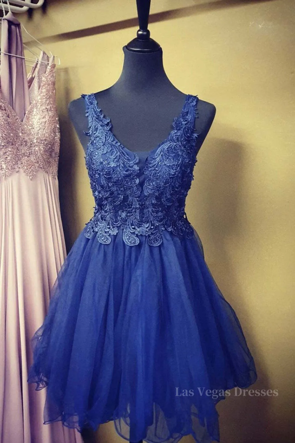 A Line V Neck Blue Lace Short Prom Dress, Blue Lace Homecoming Dress, Short Blue Formal Evening Dress