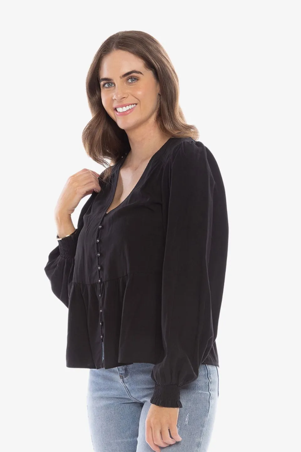 Ability Black Soft Peplum Hem LS Blouse