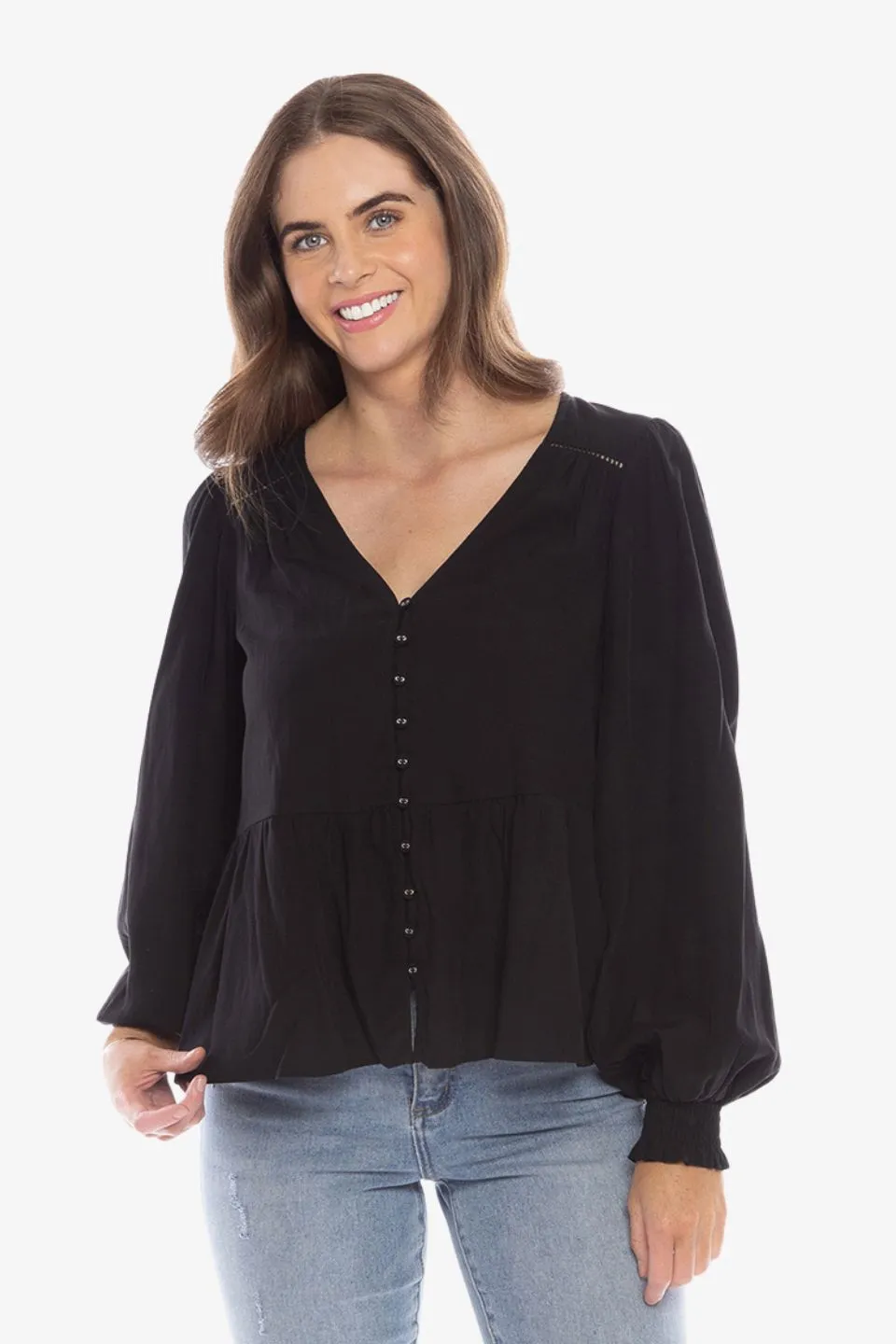 Ability Black Soft Peplum Hem LS Blouse