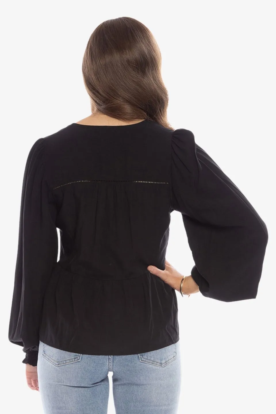 Ability Black Soft Peplum Hem LS Blouse