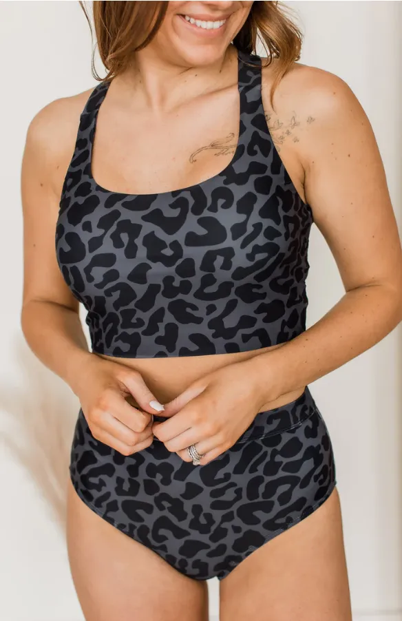 Along The Boardwalk Swim Top - Charcoal Leopard