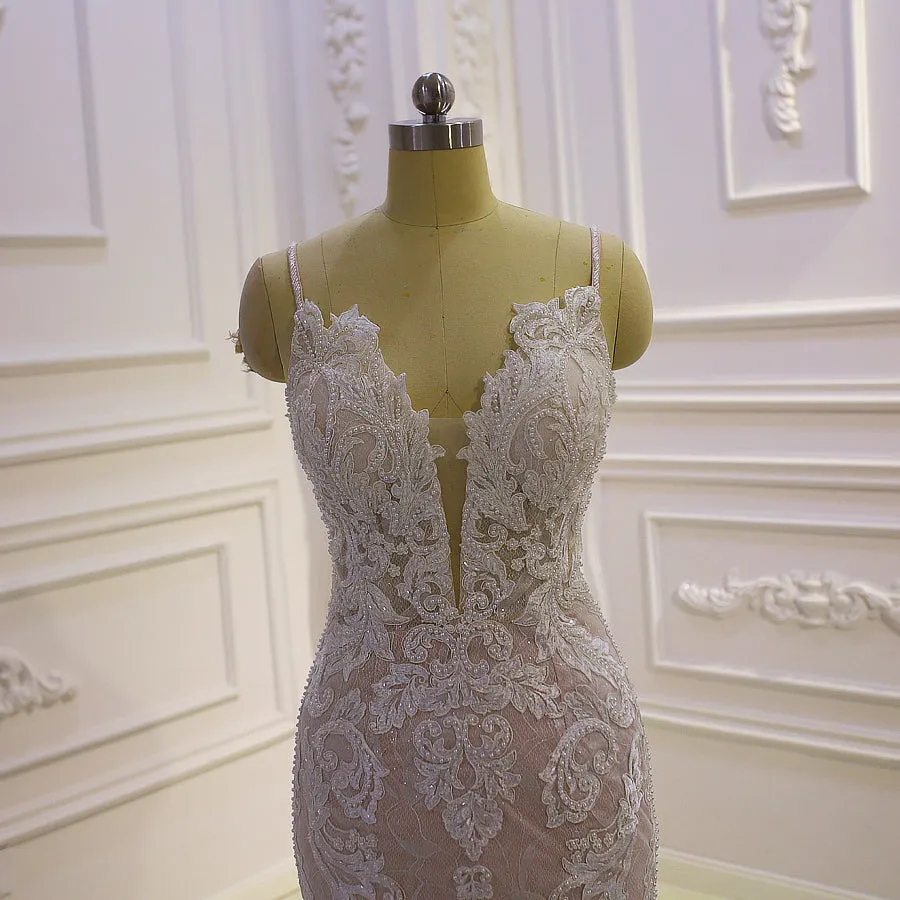 AM1000 Lace Appliques Champagne Wedding Dress with Detachable Skirt