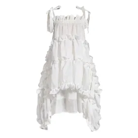 Asymmetric Ruffle Tiered Shoulder Tie Chiffon Midi Babydoll Dress