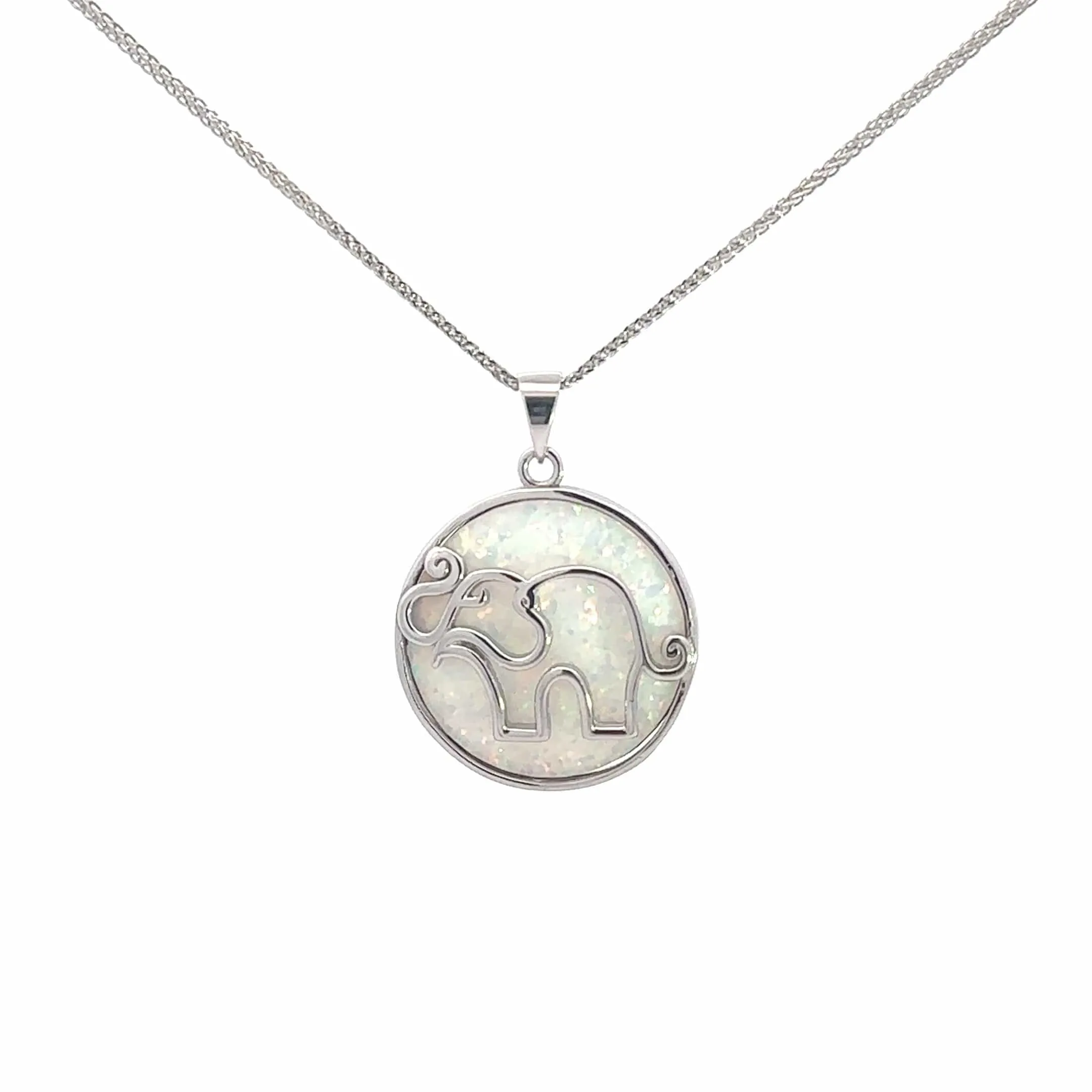 Baikalla Sterling Silver Lab-Made Opal Elephant Bezel Pendant Necklace