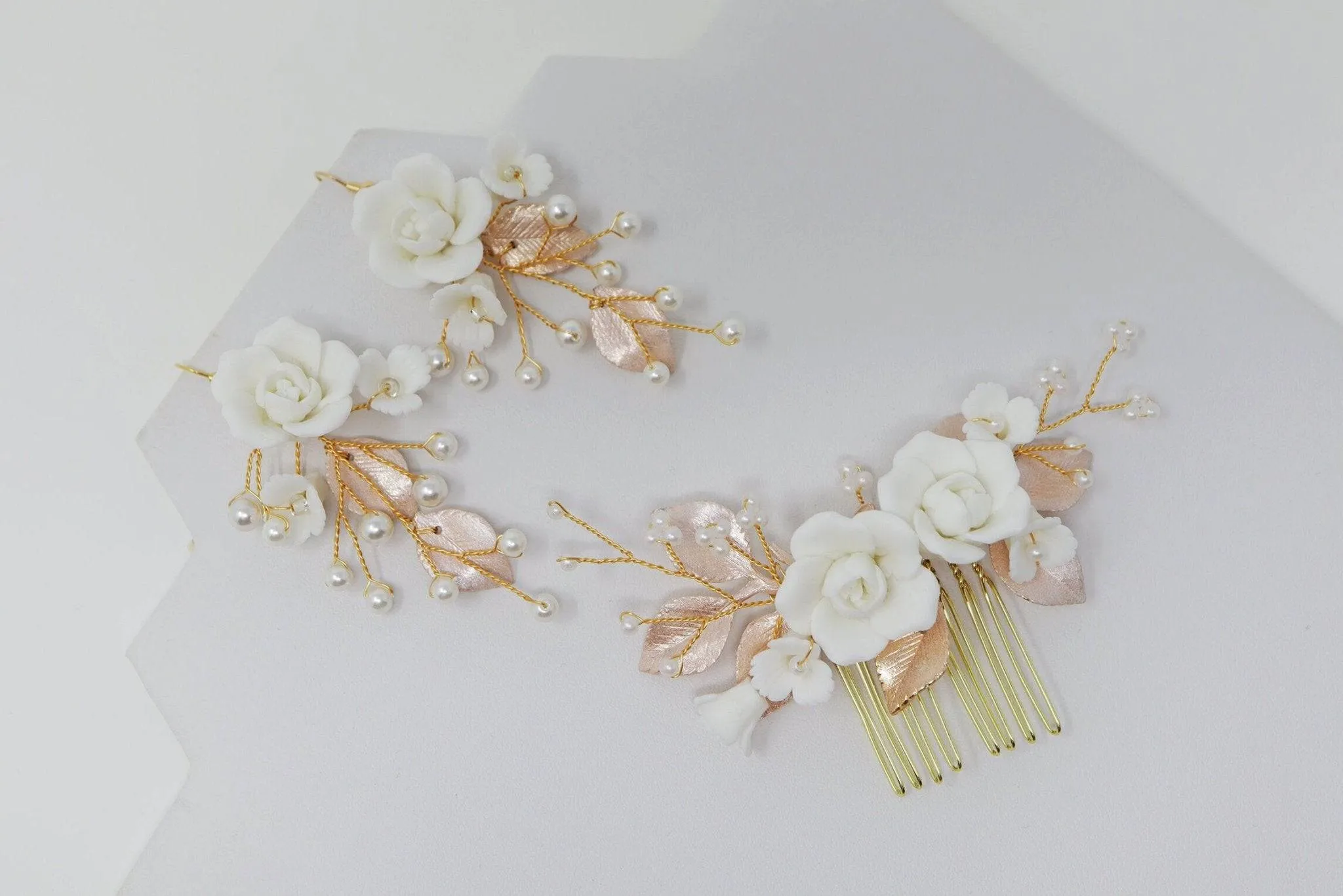 Baroque Style Ceramic White flower Bridal Earring & Hair piece, Bridal Hair Accessories, Hair Comb