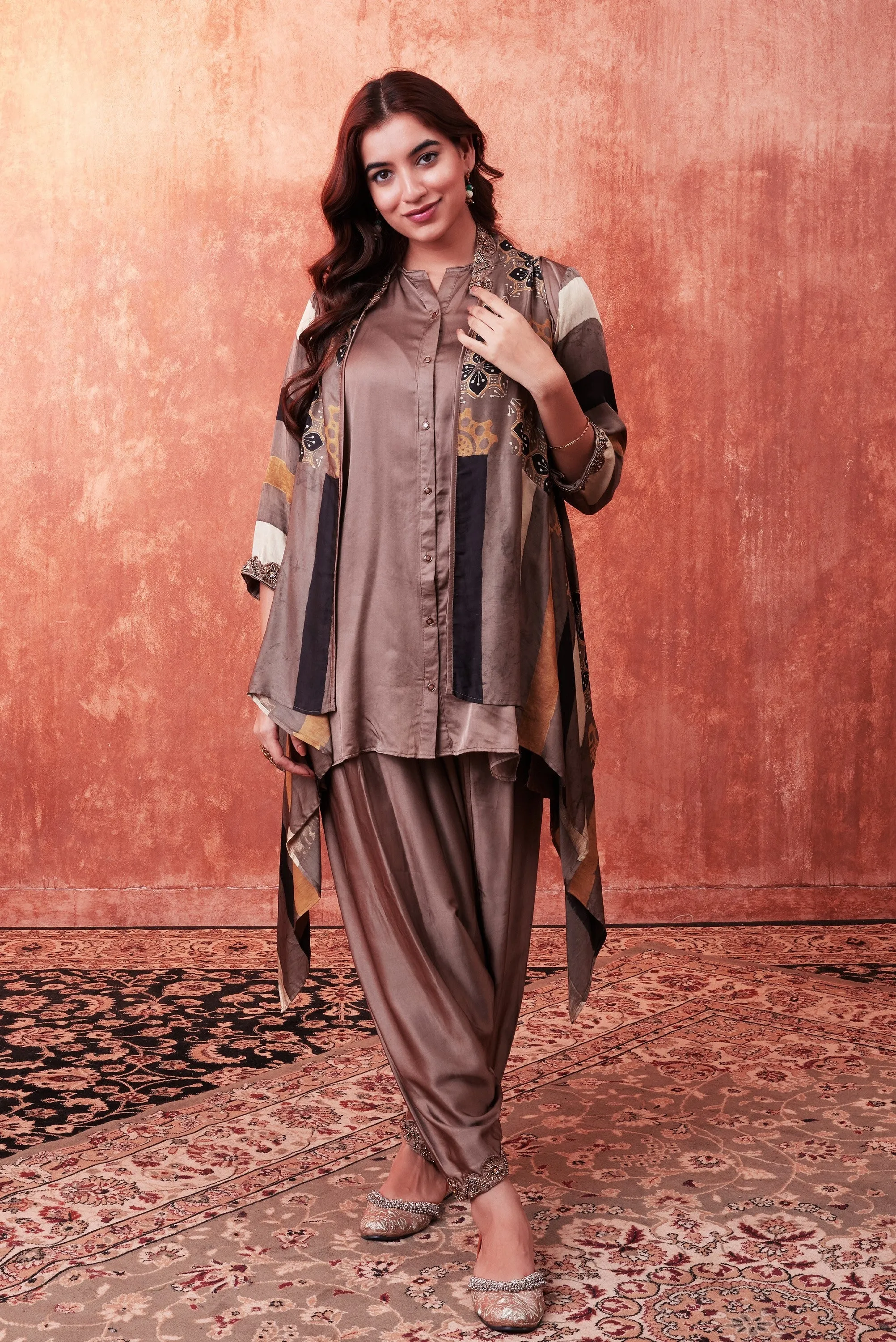 Beige Ajrakh Printed Habutai Silk Cape Suit Set