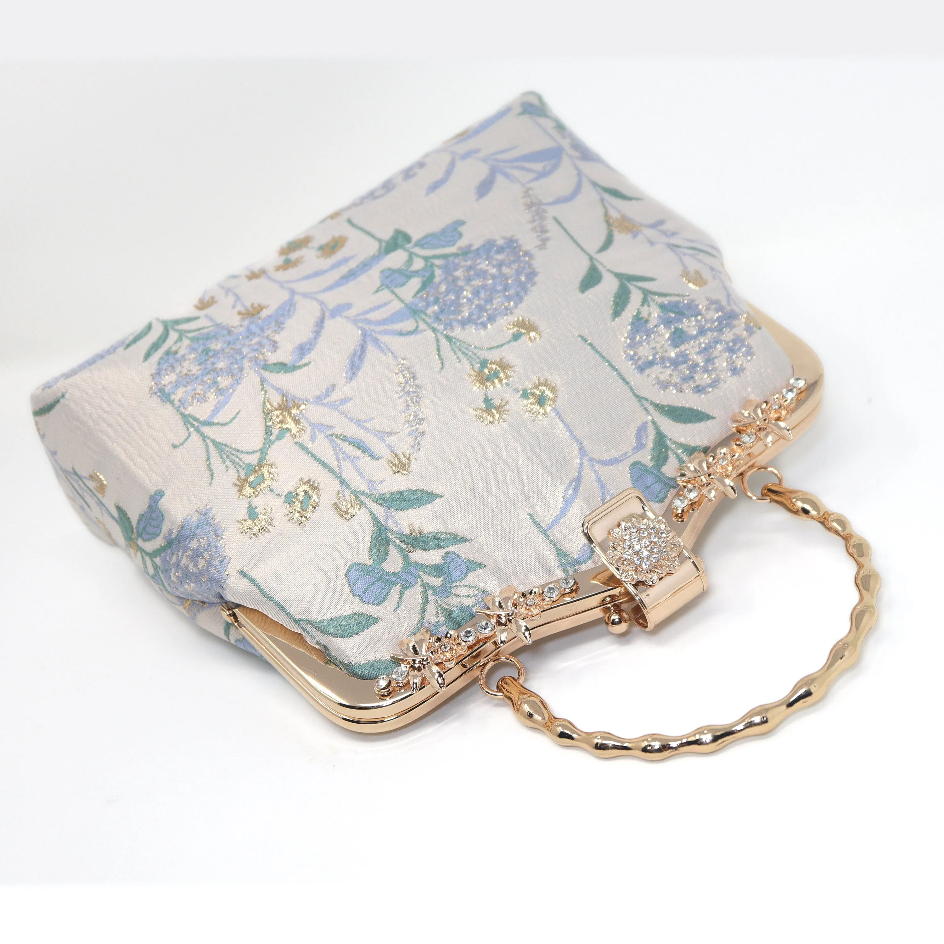 Blue Floral Shimmering Gold Embroidered Fabric Lavender Floral Bridal Wedding Bag, Statement Bag, Evening Wedding Clutch, Cross Body Bag